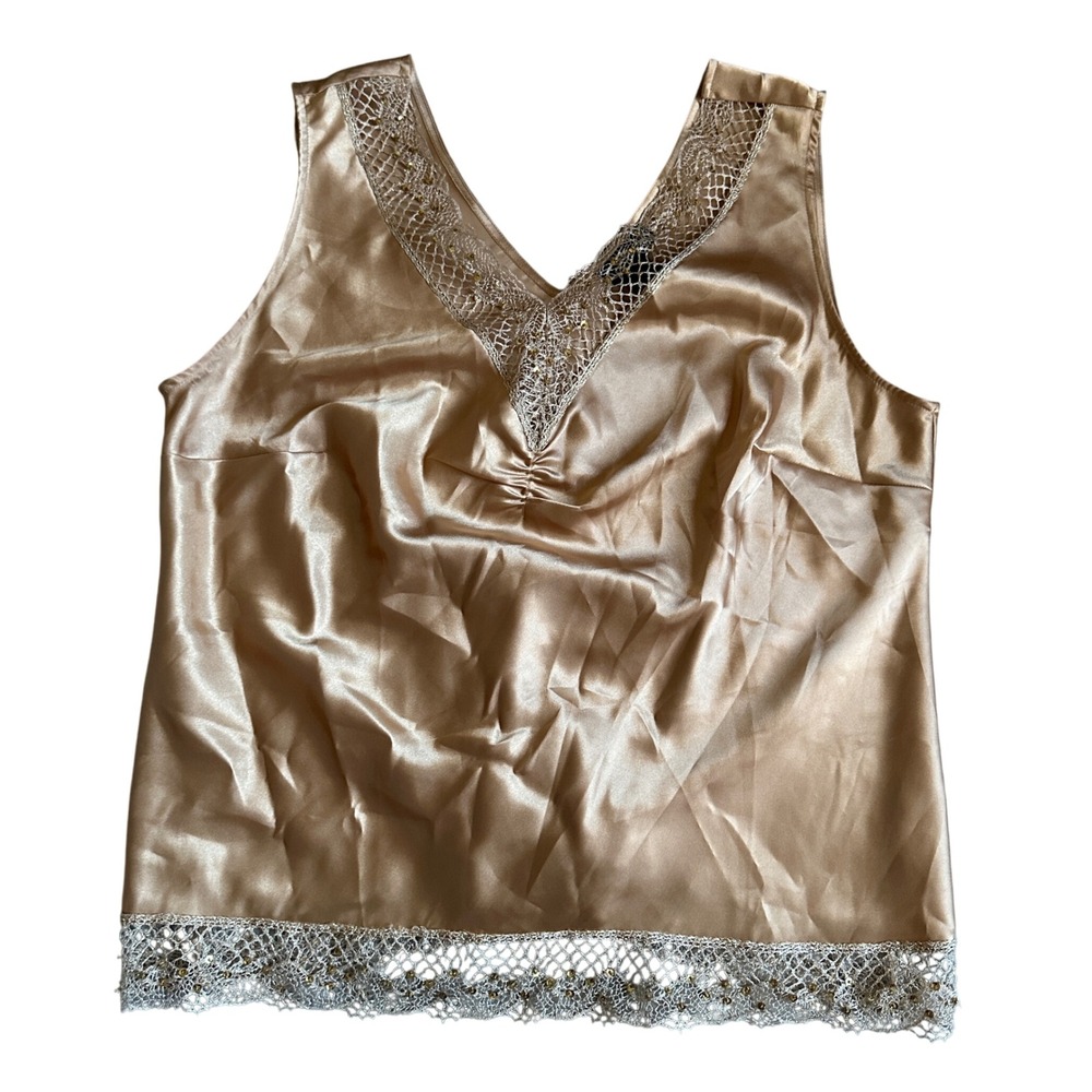 Y2K Lane Bryant Champagne Sequin Satin Tank Plus Size Womens 16 Ibiza Boho Lace